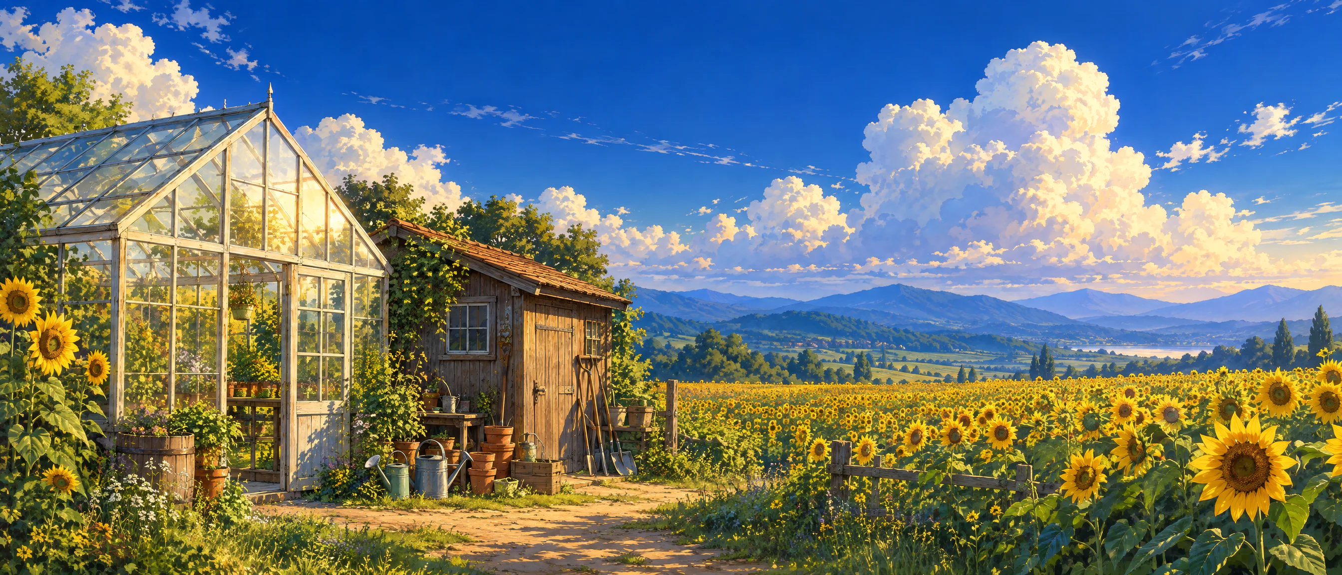 A sunlit greenhouse and garden shed at the edge of a sunflower field