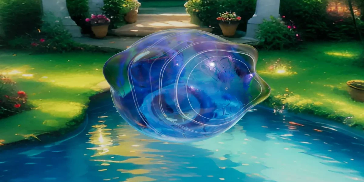 A blue glass sphere with an uneven outline floats over turquoise water, framed by green lawns and flower pots.